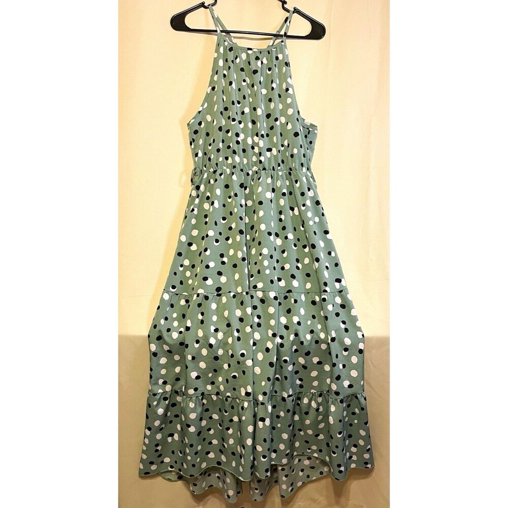 C+DAI Women's M Green/Black/White Polka Dot Halter Tie Ruffle Midi Sundress